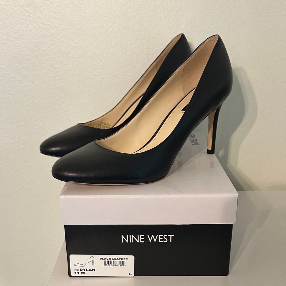 Nine West Dylan Black Leather Almond Toe High Heel Stiletto Pumps Size 11 M